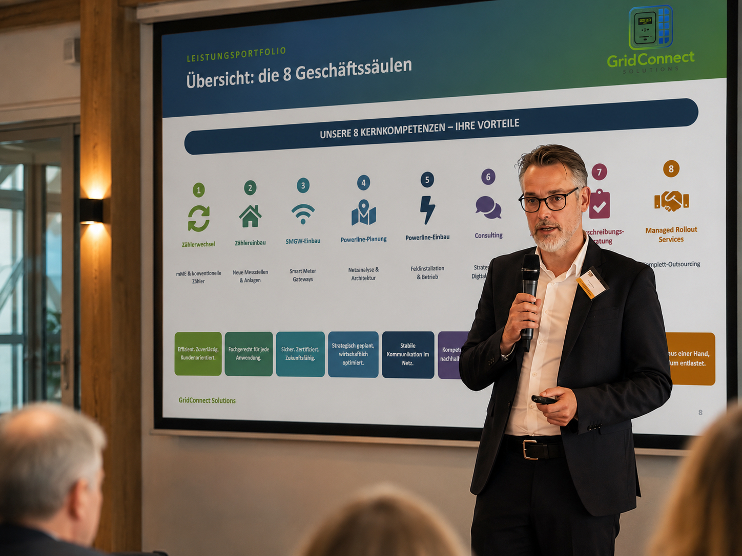 Wolfgang Heiler präsentiert das GridConnect-Leistungsportfolio vor Publikum