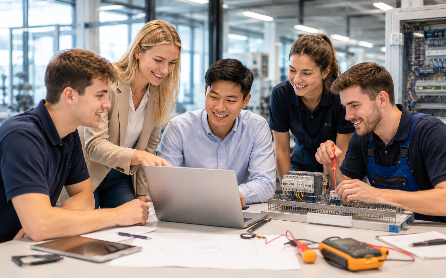 Auszubildende und Team gemeinsam an einer elektrotechnischen Schaltanlage