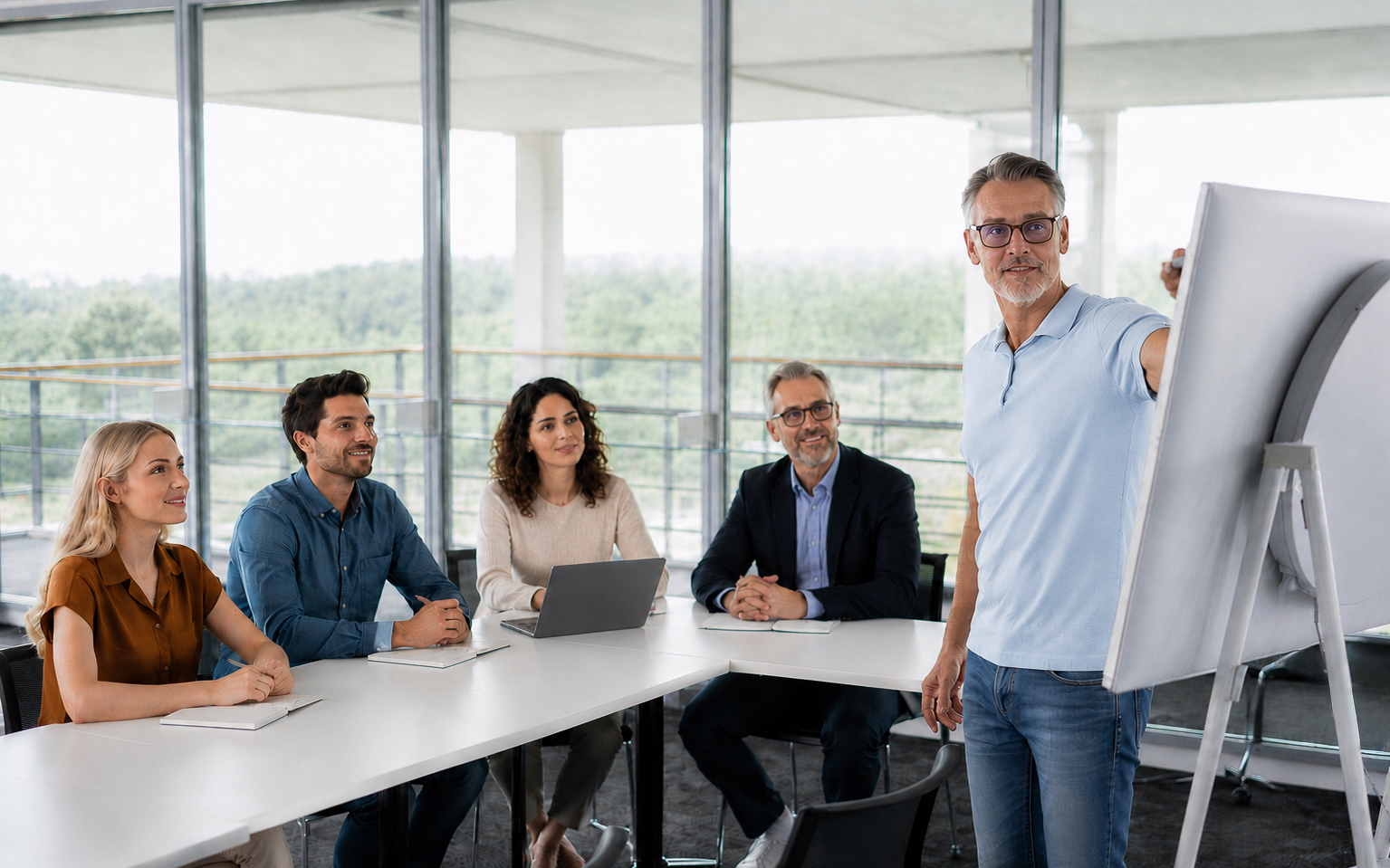 Consulting-Team im Beratungsgespräch mit Whiteboard-Präsentation