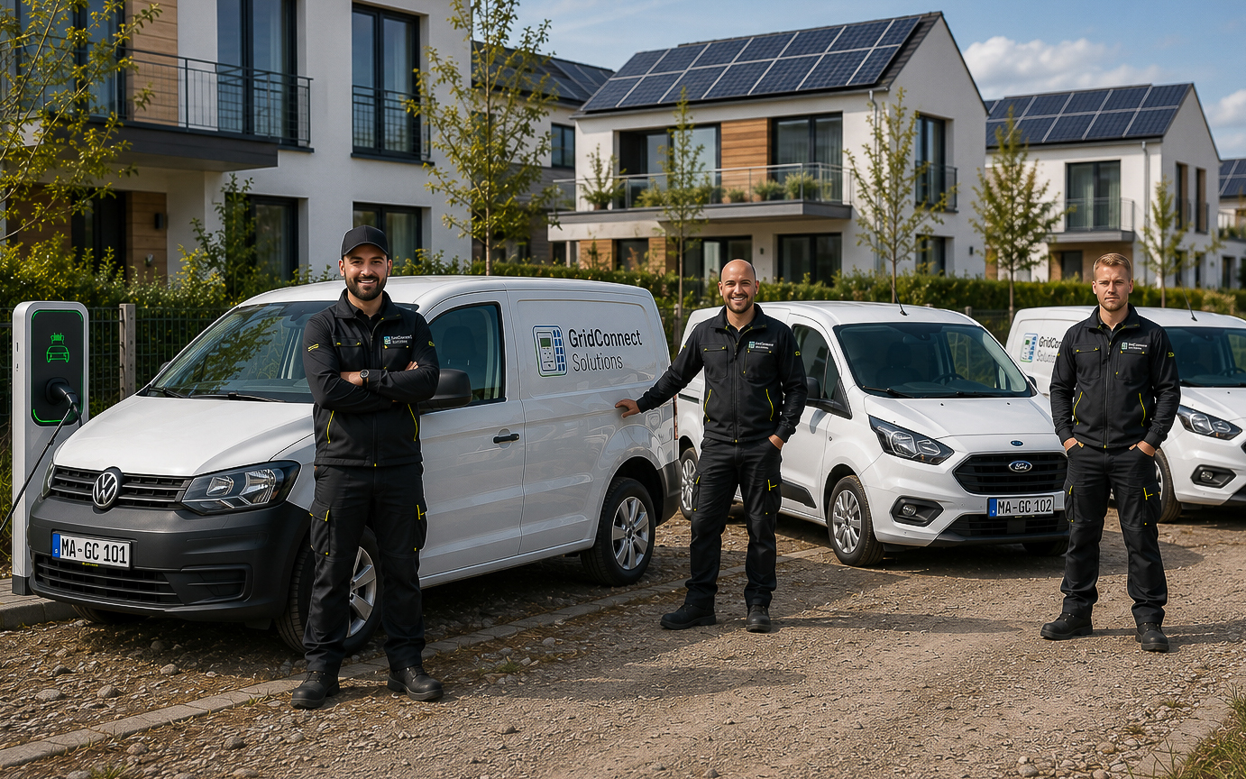 GridConnect-Techniker vor Servicefahrzeugen im Rollout-Einsatz